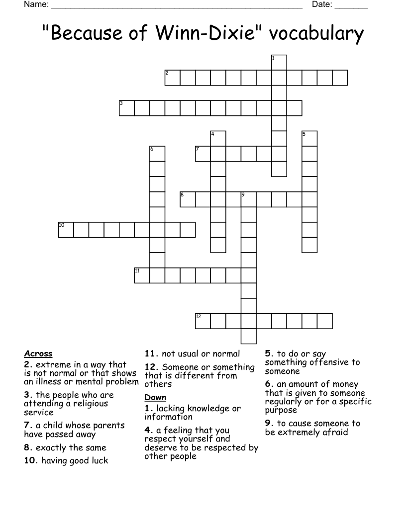 "Because of Winn-Dixie" vocabulary Crossword