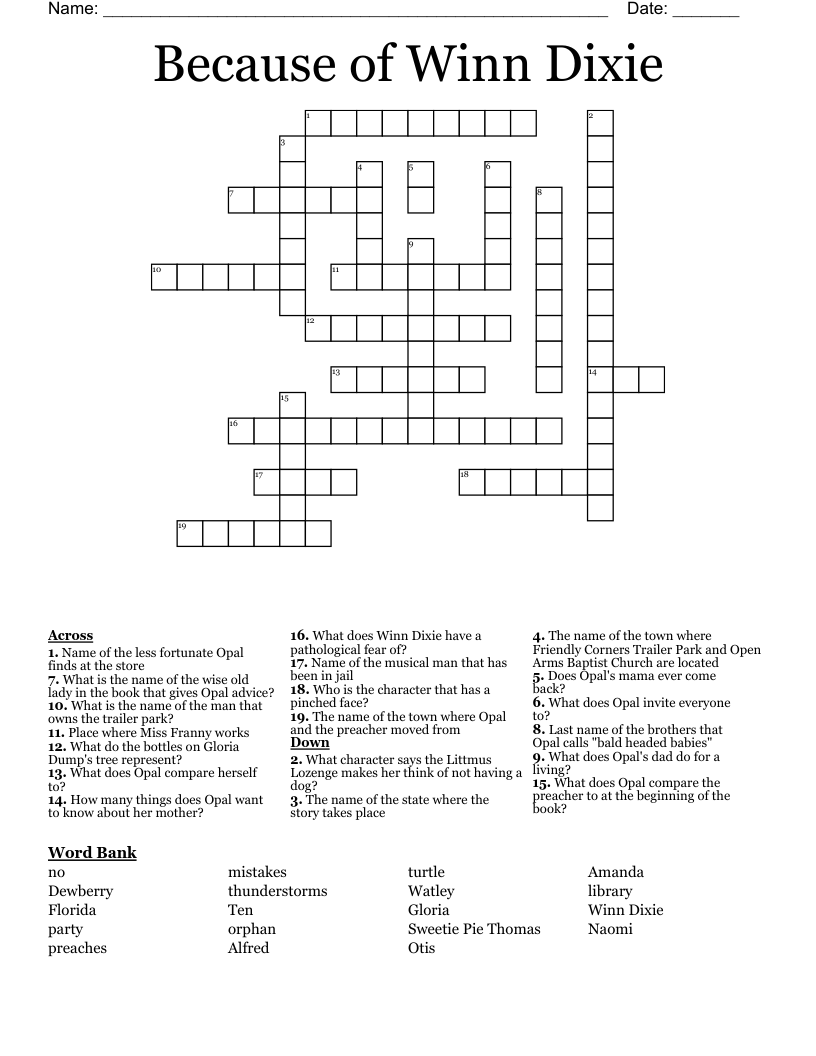 Because of Winn Dixie Crossword