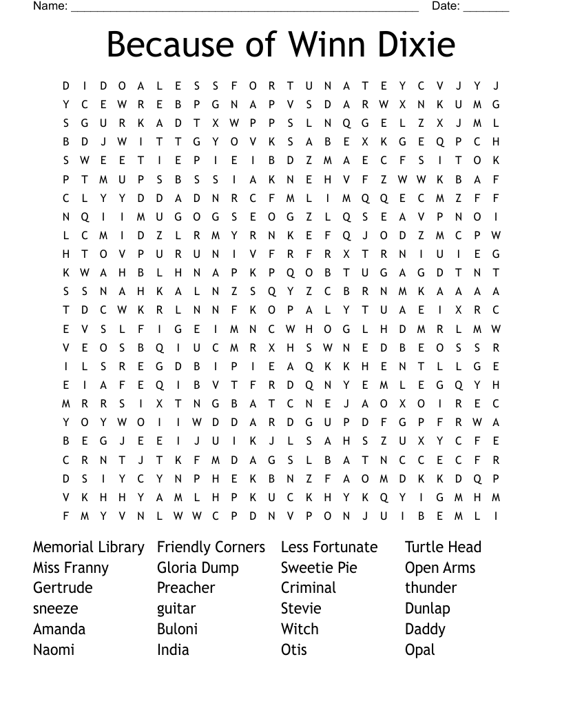 Because of Winn Dixie Word Search
