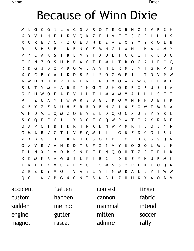 Because of Winn Dixie Word Search