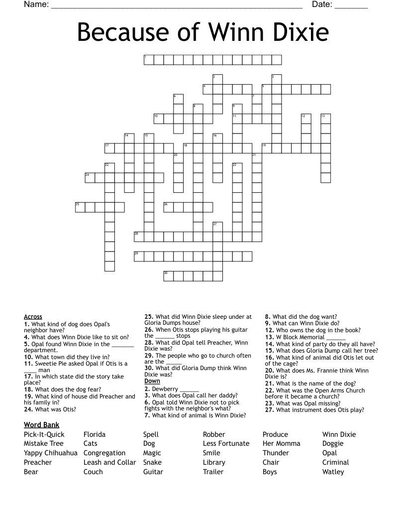 Because of Winn Dixie Crossword