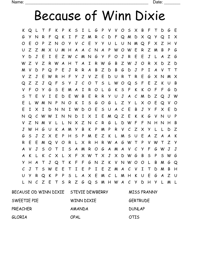 Because of Winn Dixie Word Search