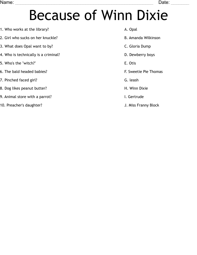 Because of Winn Dixie Worksheet