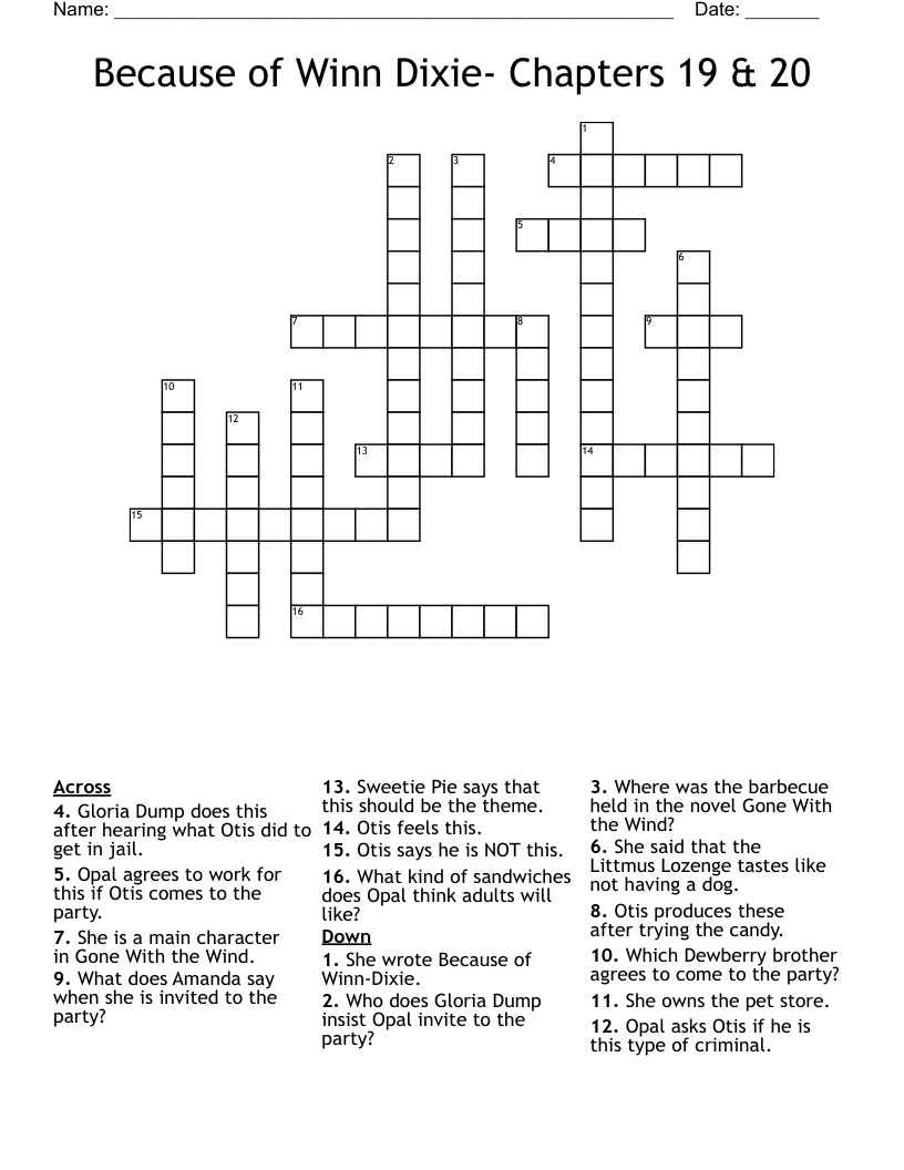 Because of Winn Dixie- Chapters 19 & 20 Crossword