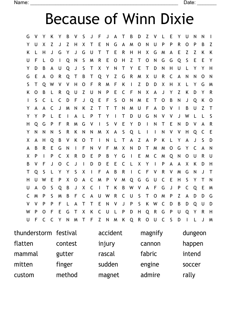 Because of Winn Dixie  Word Search