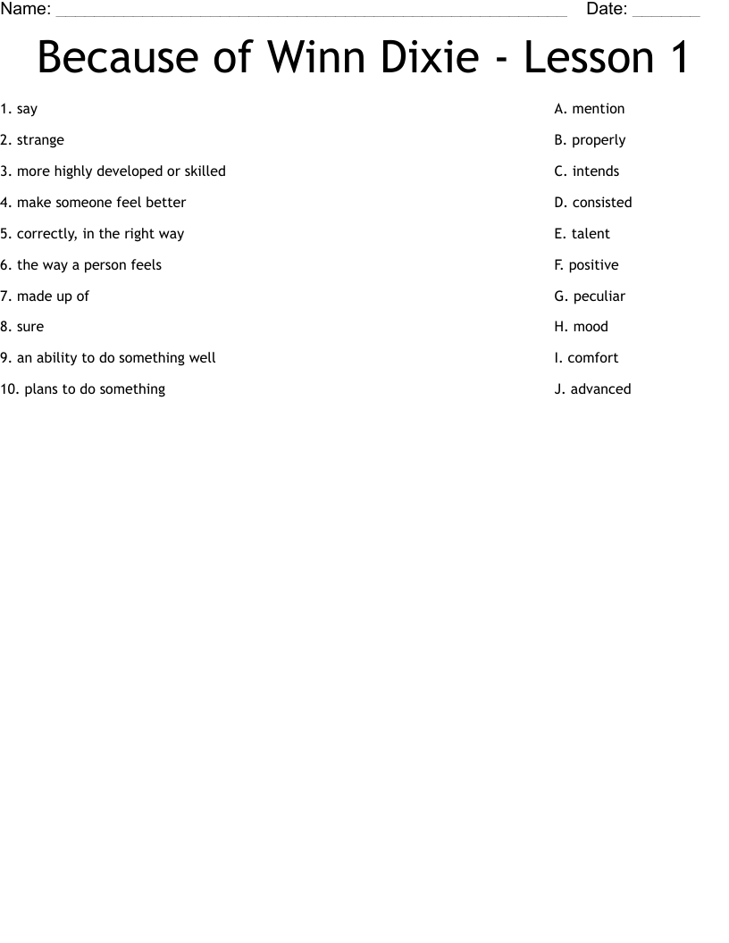 Because of Winn Dixie - Lesson 1 Worksheet