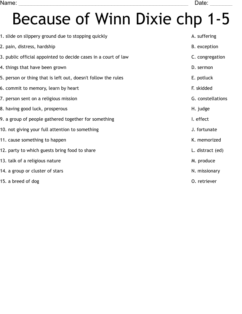 Because of Winn Dixie chp 1-5 Worksheet