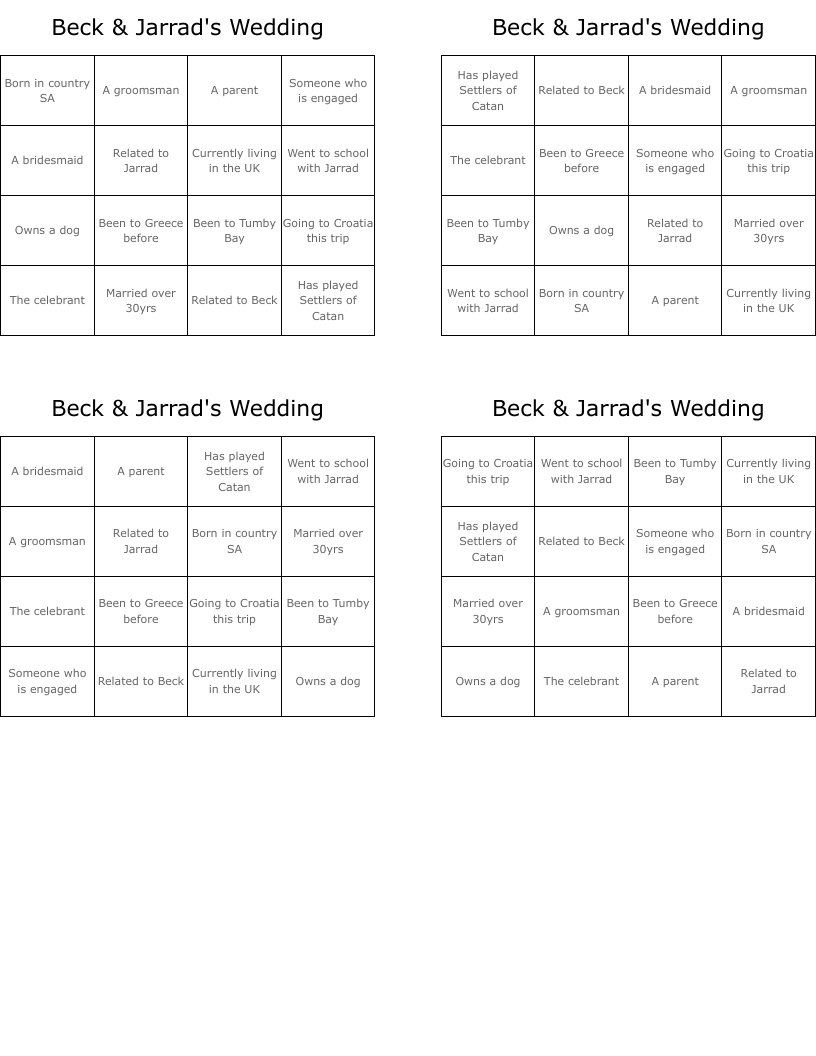 Beck & Jarrad's Wedding Bingo Cards