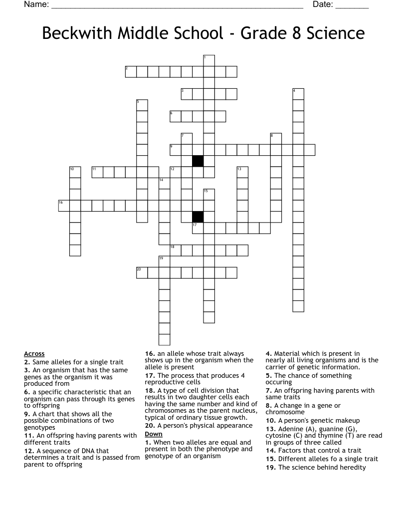 Beckwith Middle School - Grade 8 Science Crossword