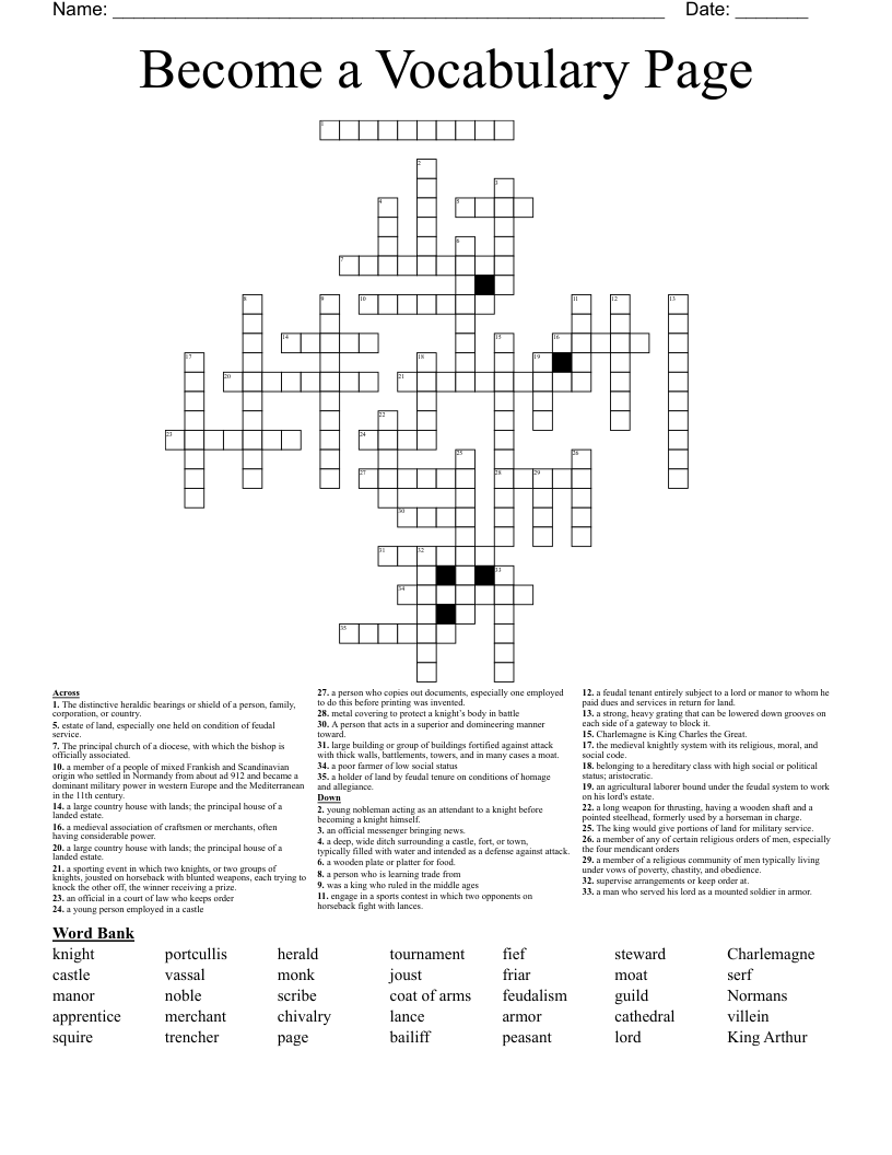 Become a Vocabulary Page Crossword