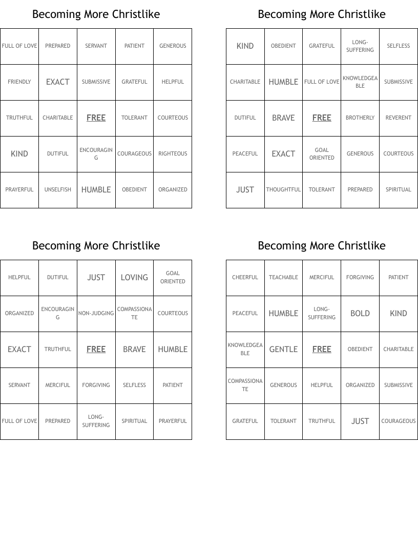 Becoming More Christlike Bingo Cards