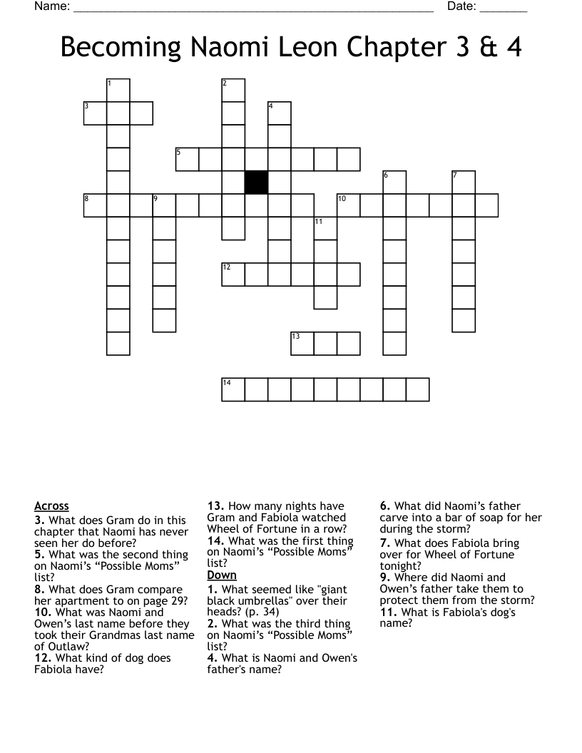 Becoming Naomi Leon Chapter 3 & 4 Crossword