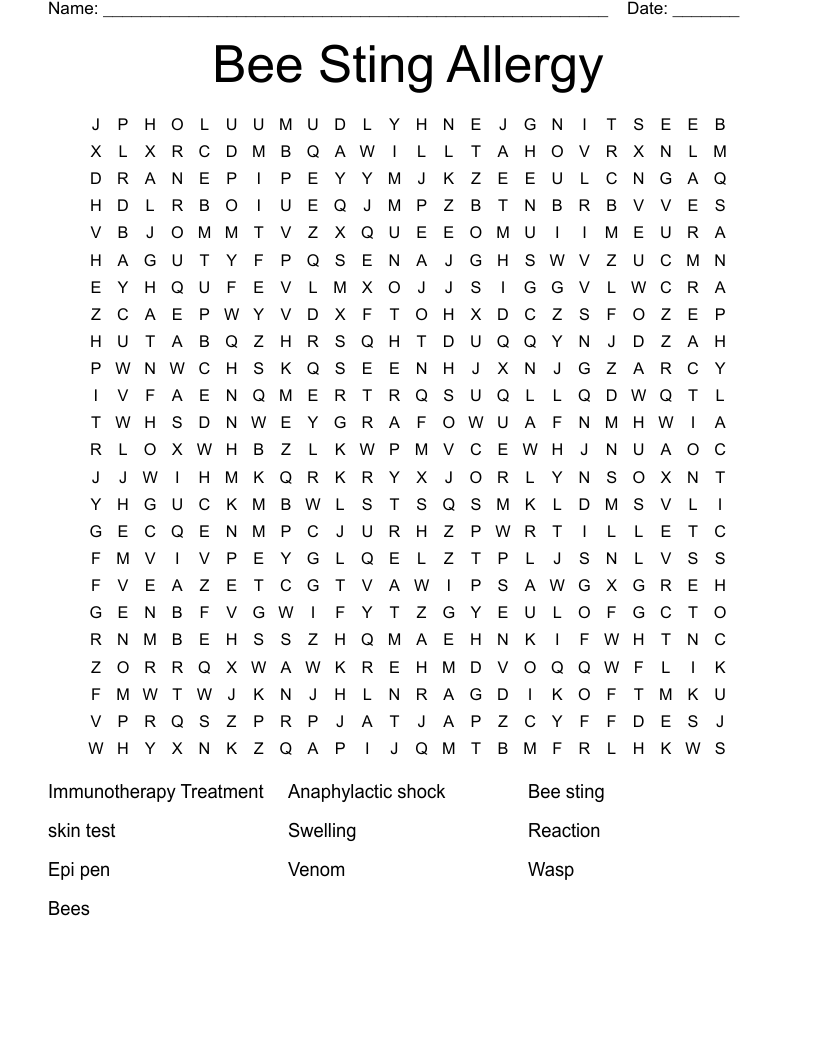 Bee Sting Allergy Word Search