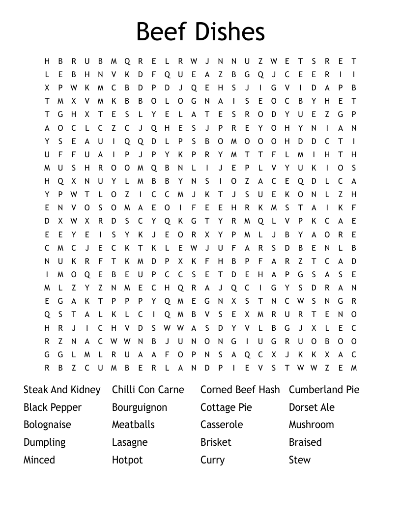 Beef Dishes Word Search