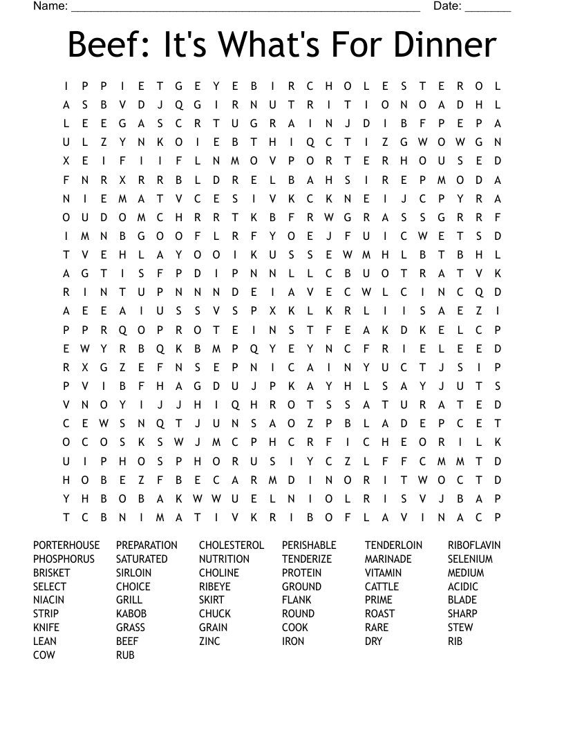 Beef: It's What's For Dinner Word Search