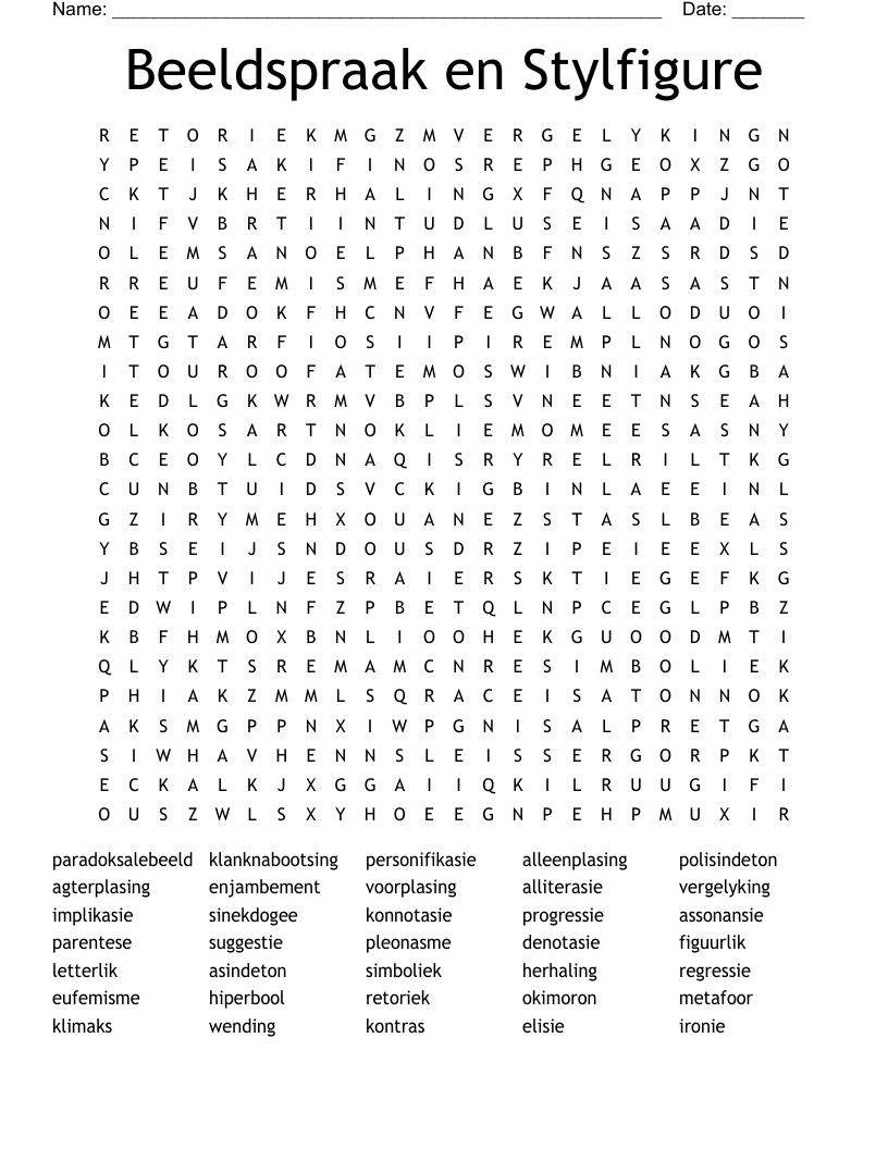 Beeldspraak en Stylfigure Word Search