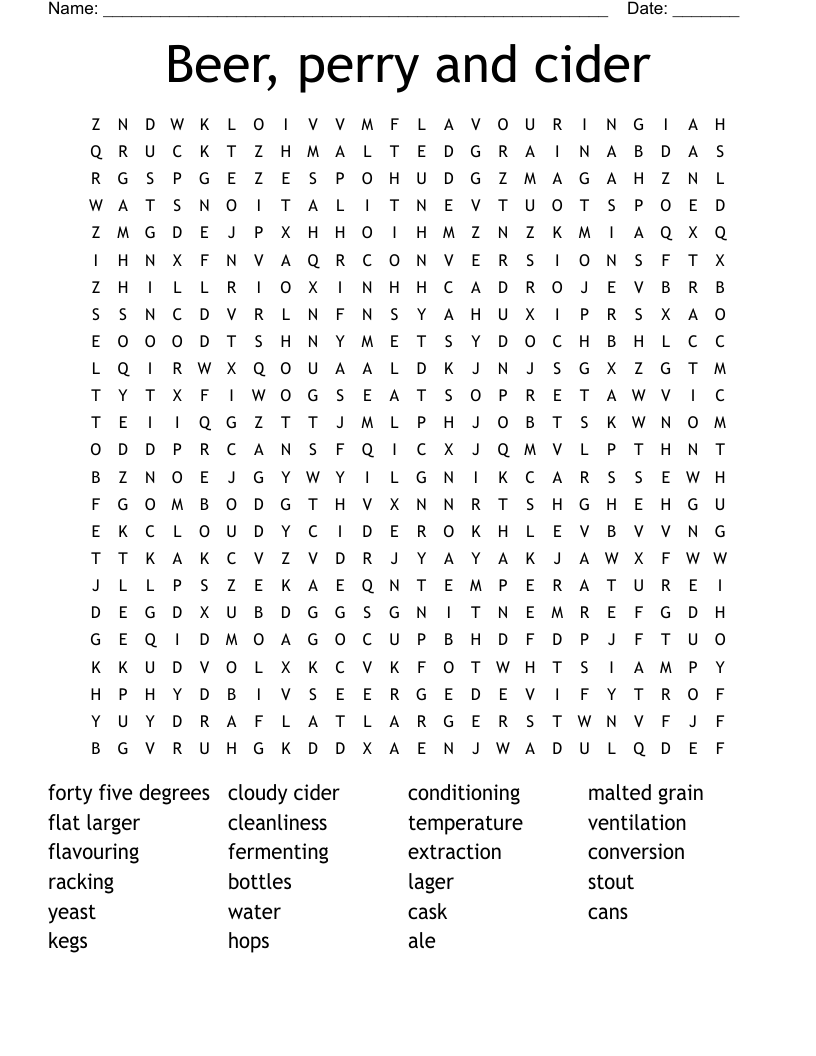 Beer, perry and cider Word Search