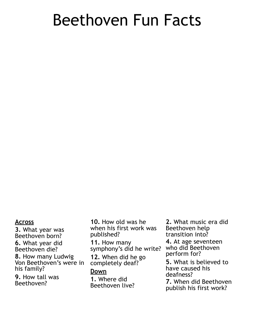 Beethoven Fun Facts Crossword