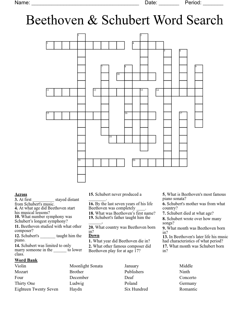 Beethoven & Schubert Word Search Crossword
