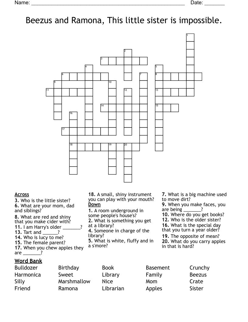 Beezus and Ramona, This little sister is impossible. Crossword
