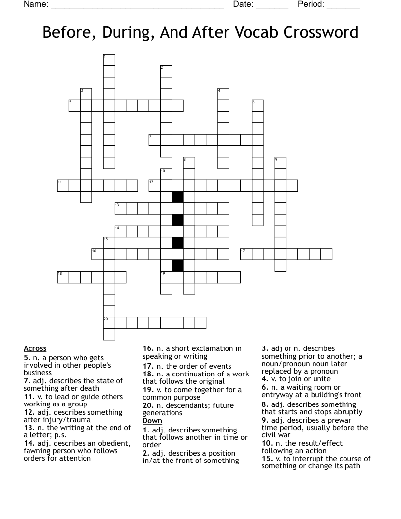 Before, During, And After Vocab Crossword