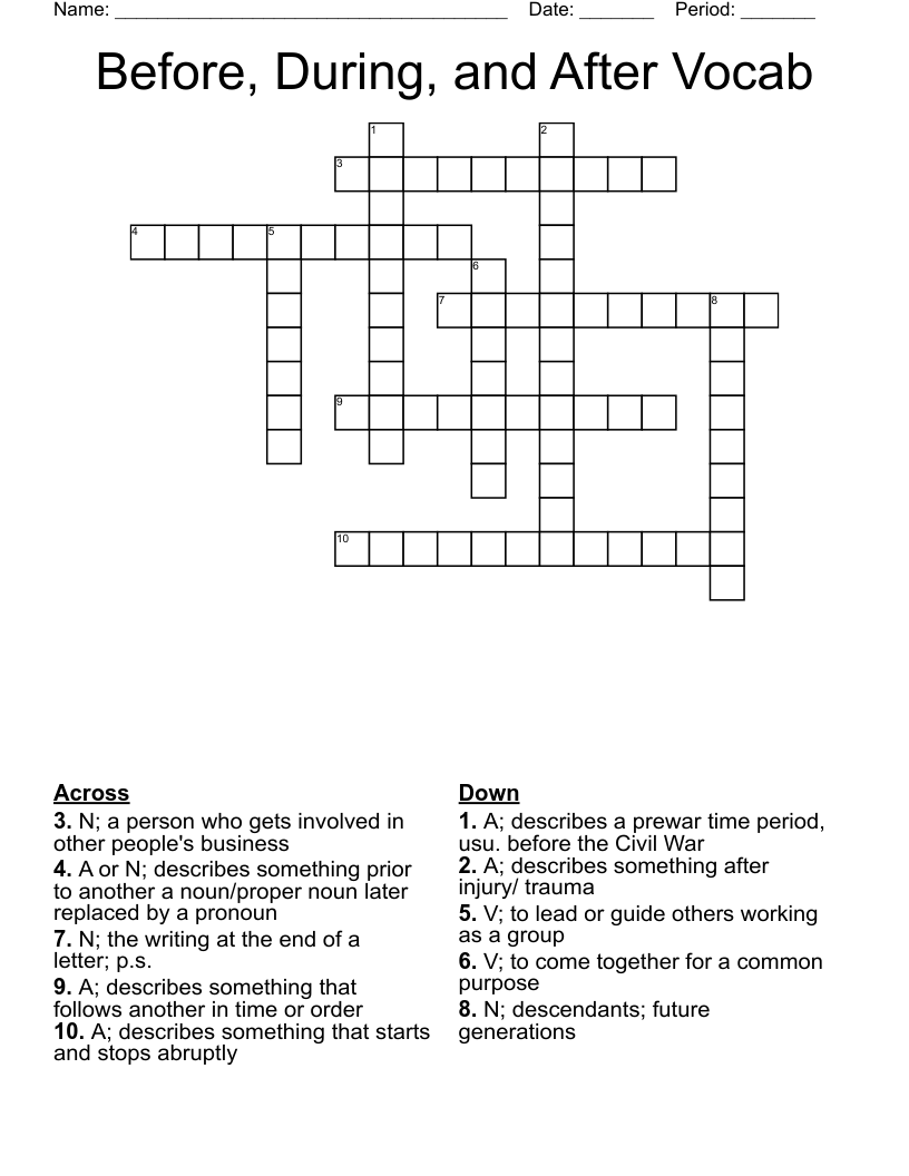 Before, During, and After Vocab Crossword