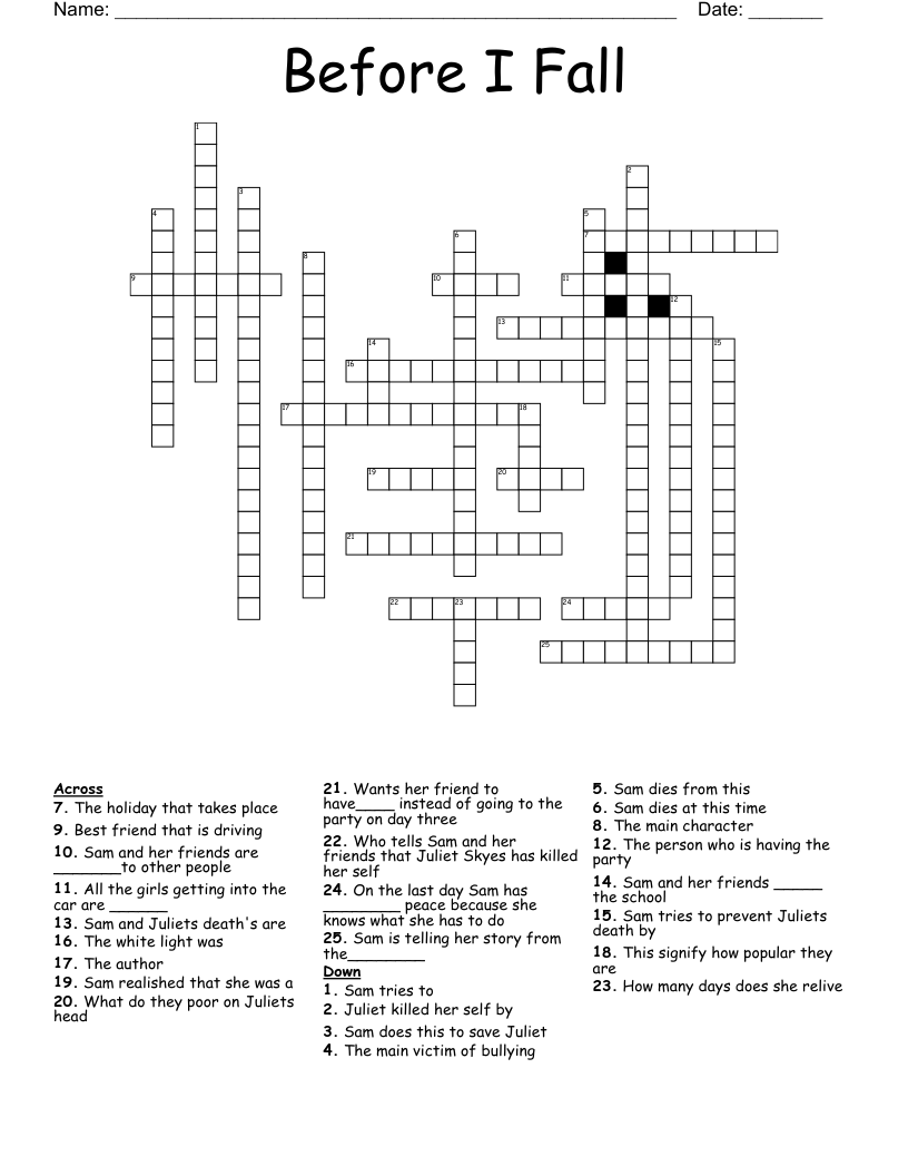 Before I Fall Crossword