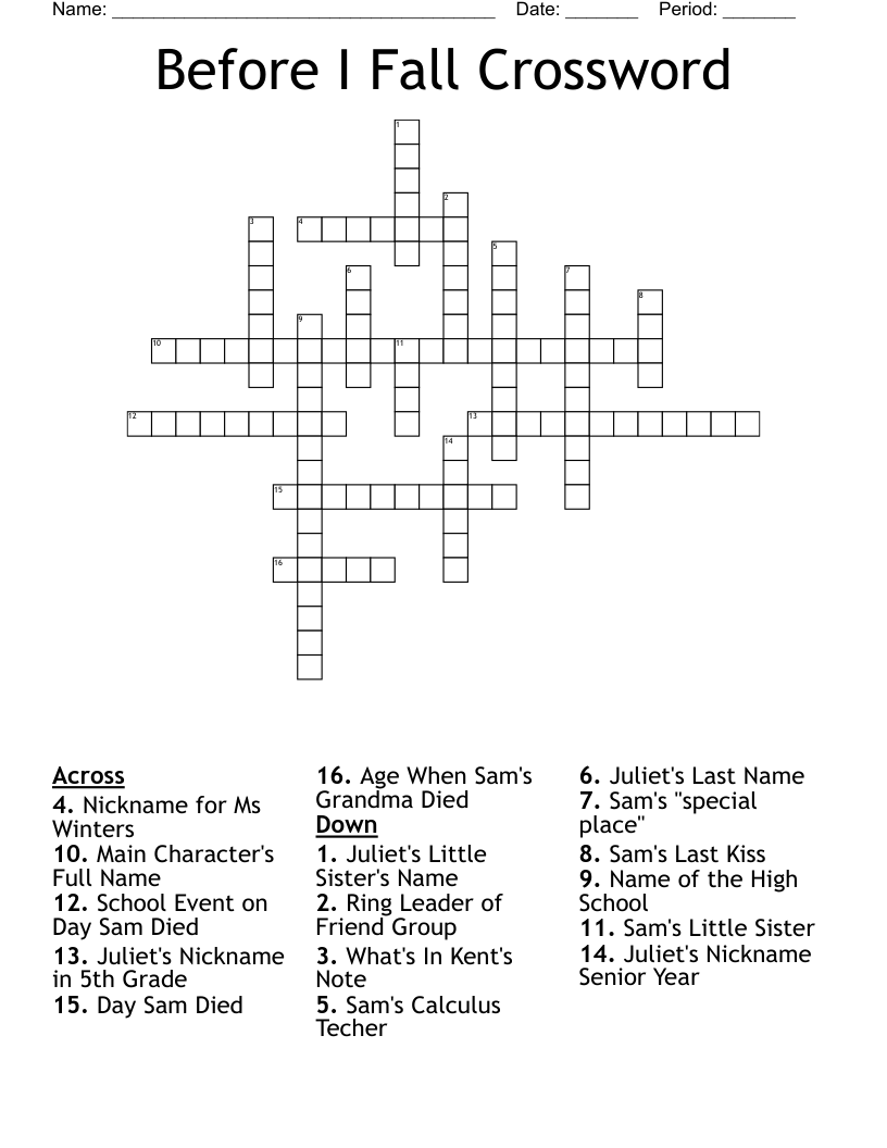 Before I Fall Crossword