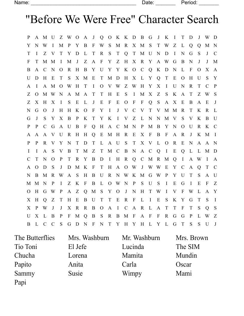 "Before We Were Free" Character Search Word Search