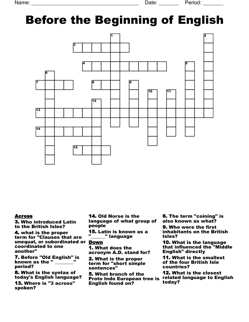 Before the Beginning of English Crossword