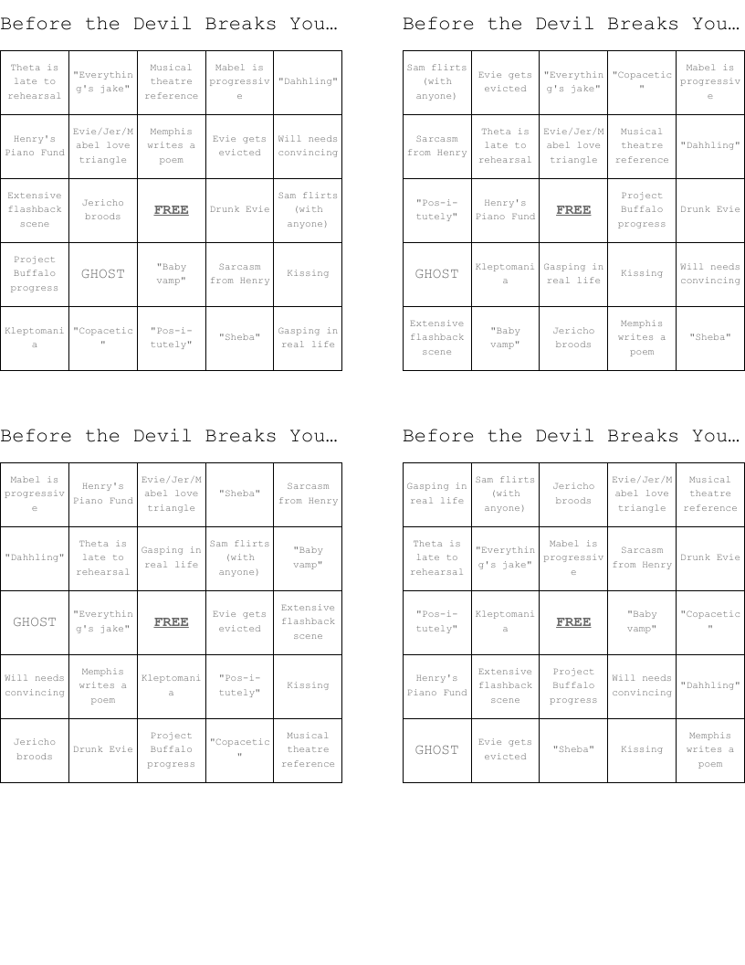 Before the Devil Breaks You BINGO