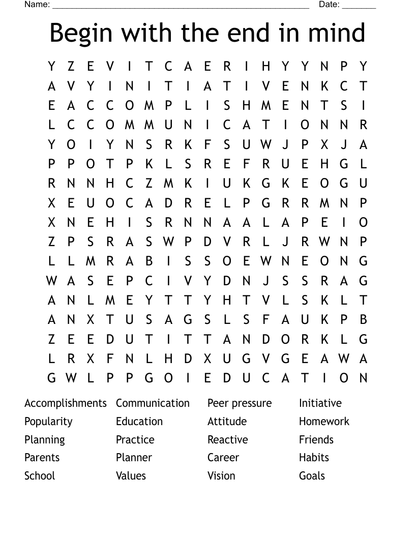 Begin with the end in mind  Word Search