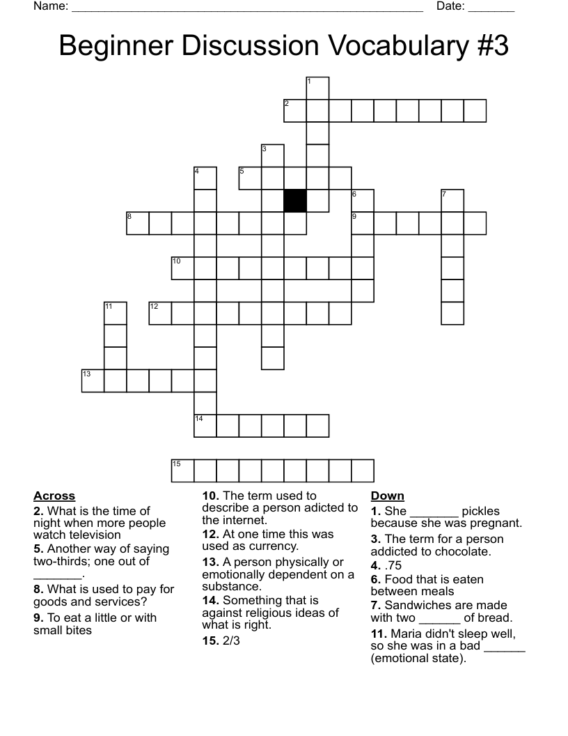 Beginner Discussion Vocabulary #3 Crossword
