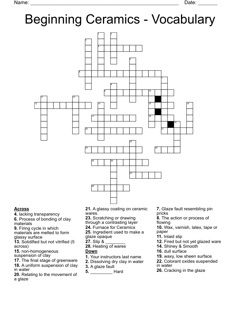 Beginning Ceramics - Vocabulary Crossword