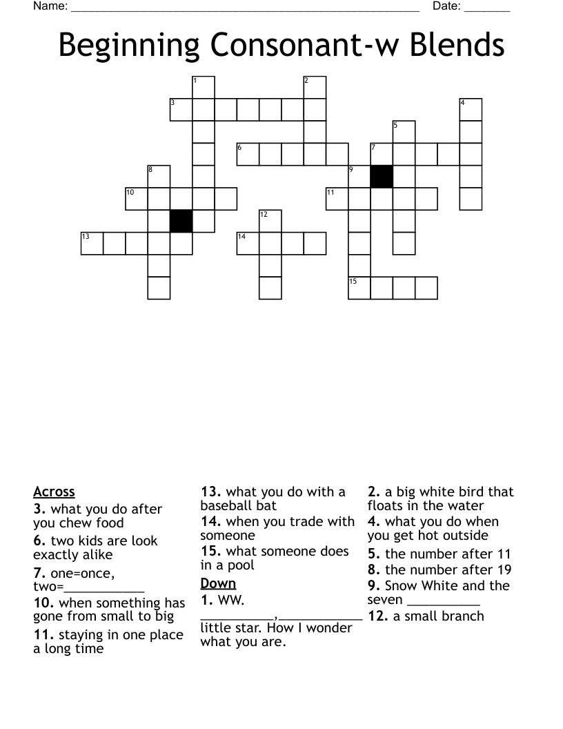 Beginning Consonant-w Blends Crossword