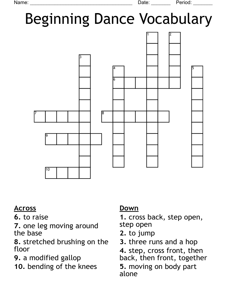 Beginning Dance Vocabulary Crossword