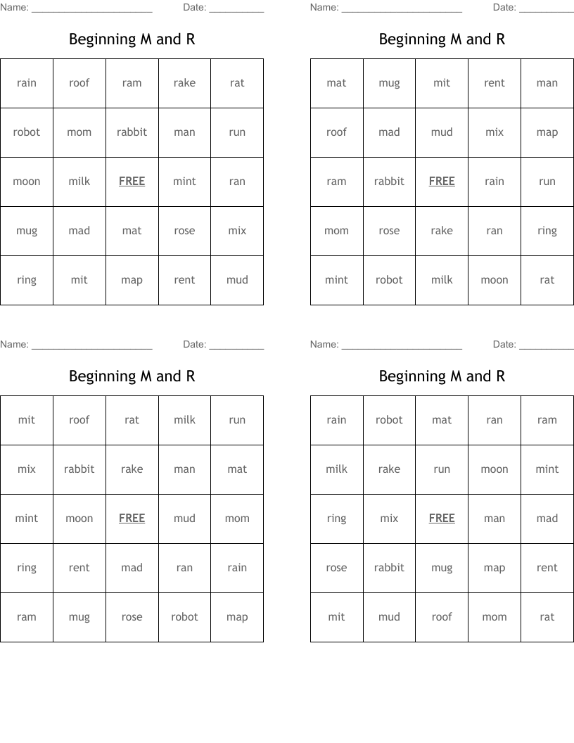 Beginning M and R  Bingo Cards