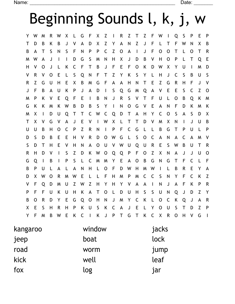 Beginning Sounds l, k, j, w Word Search