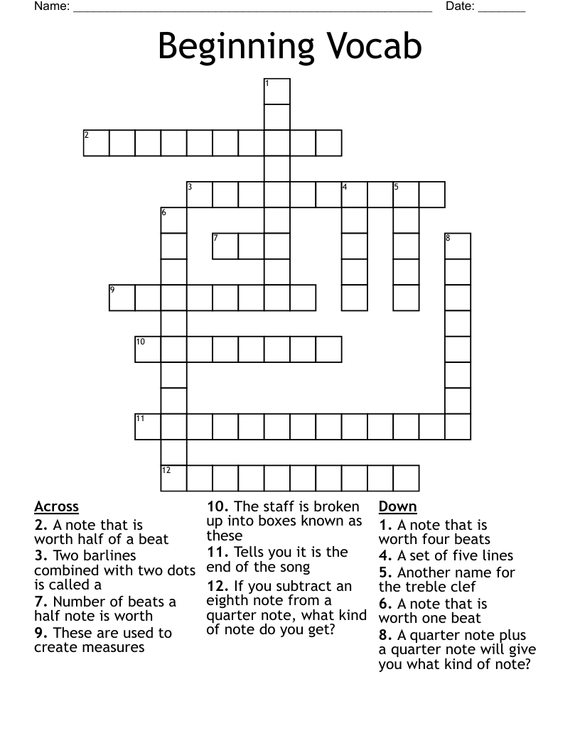 Beginning Vocab Crossword