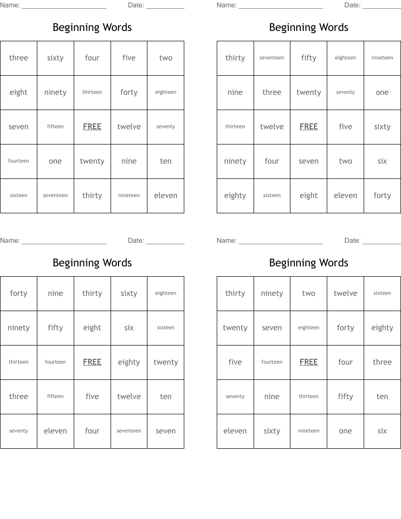 Beginning Words Bingo Cards