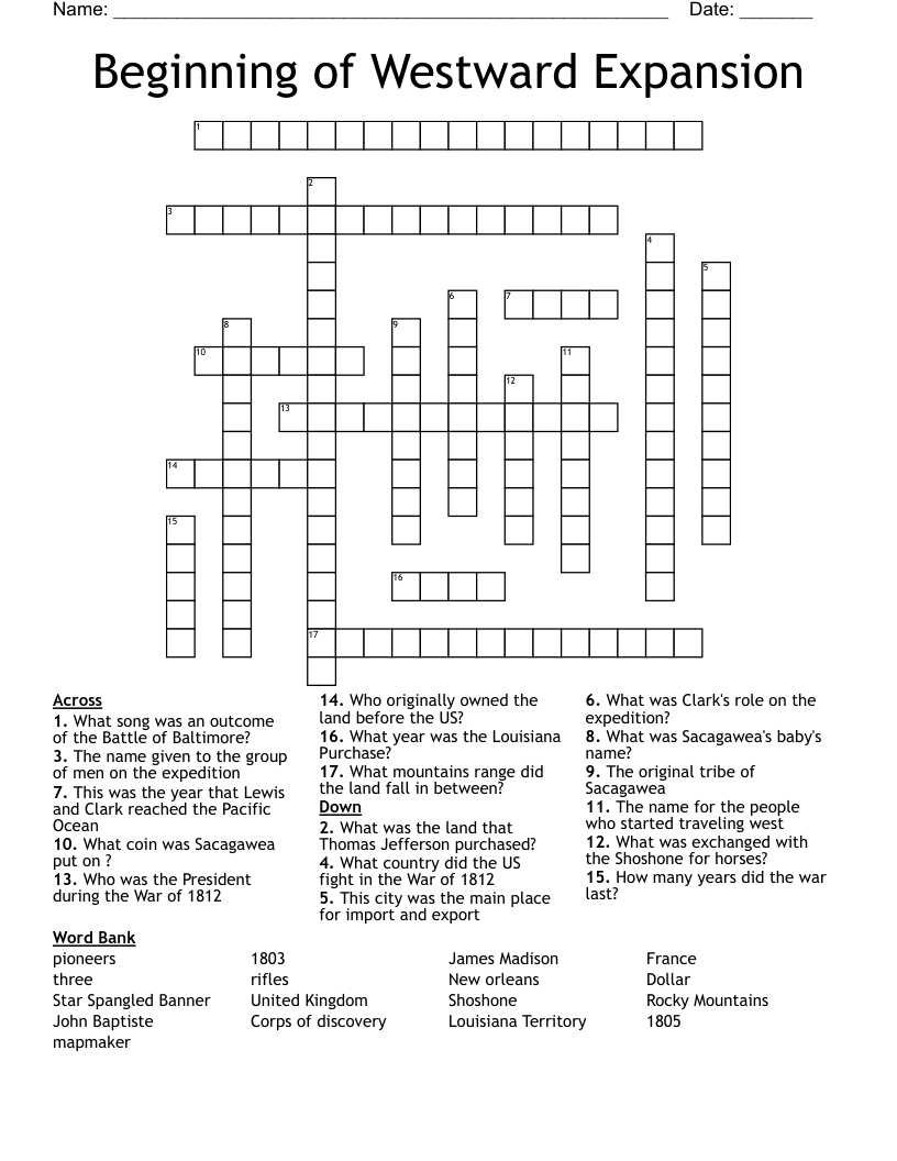 Beginning of Westward Expansion Crossword