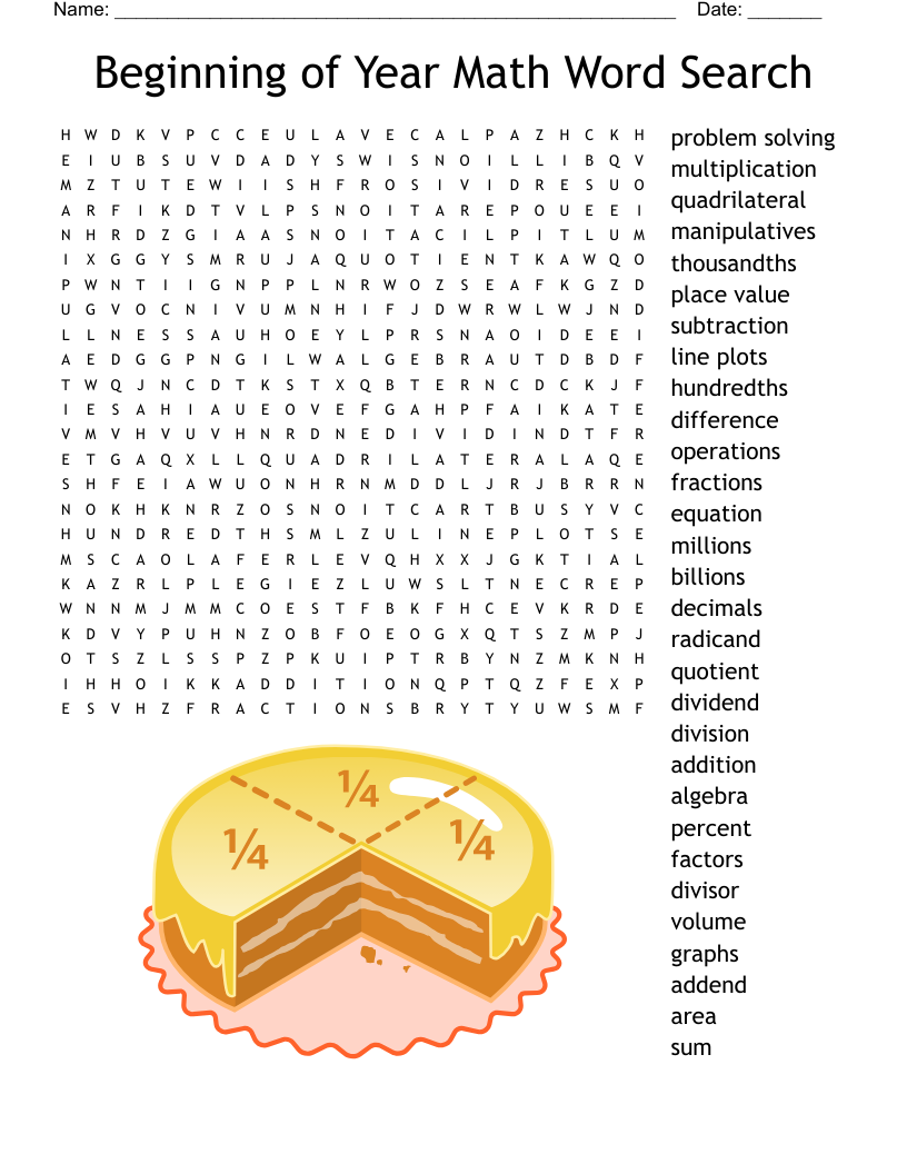 Beginning of Year Math Word Search