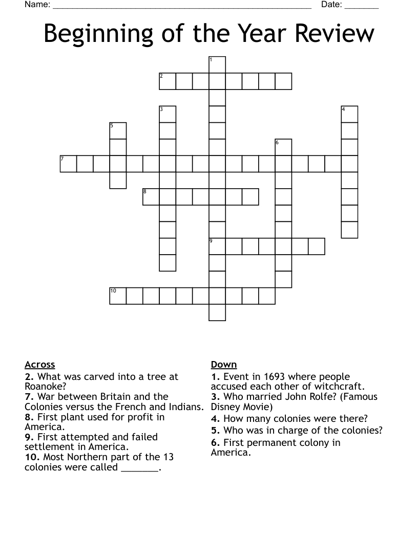 Beginning of the Year Review Crossword