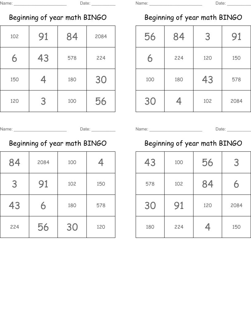 Beginning of year math BINGO