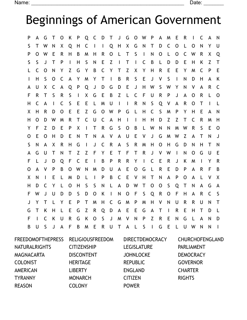 Beginnings of American Government Word Search