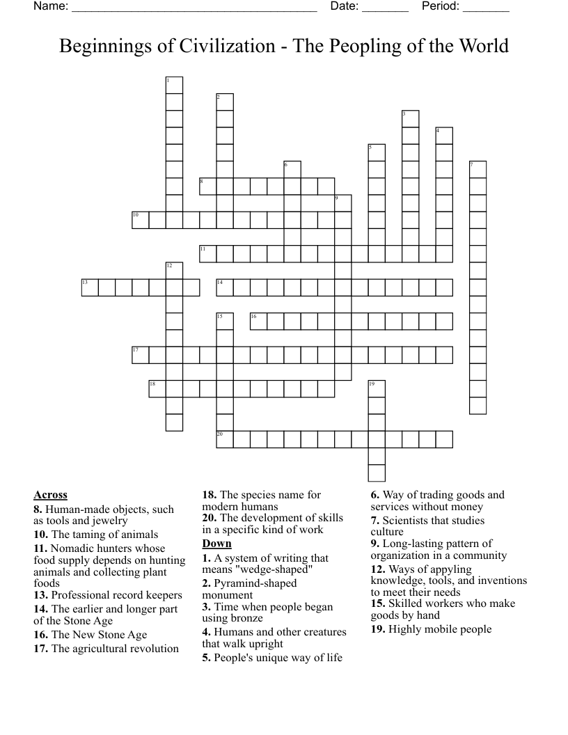 Beginnings of Civilization - The Peopling of the World Crossword