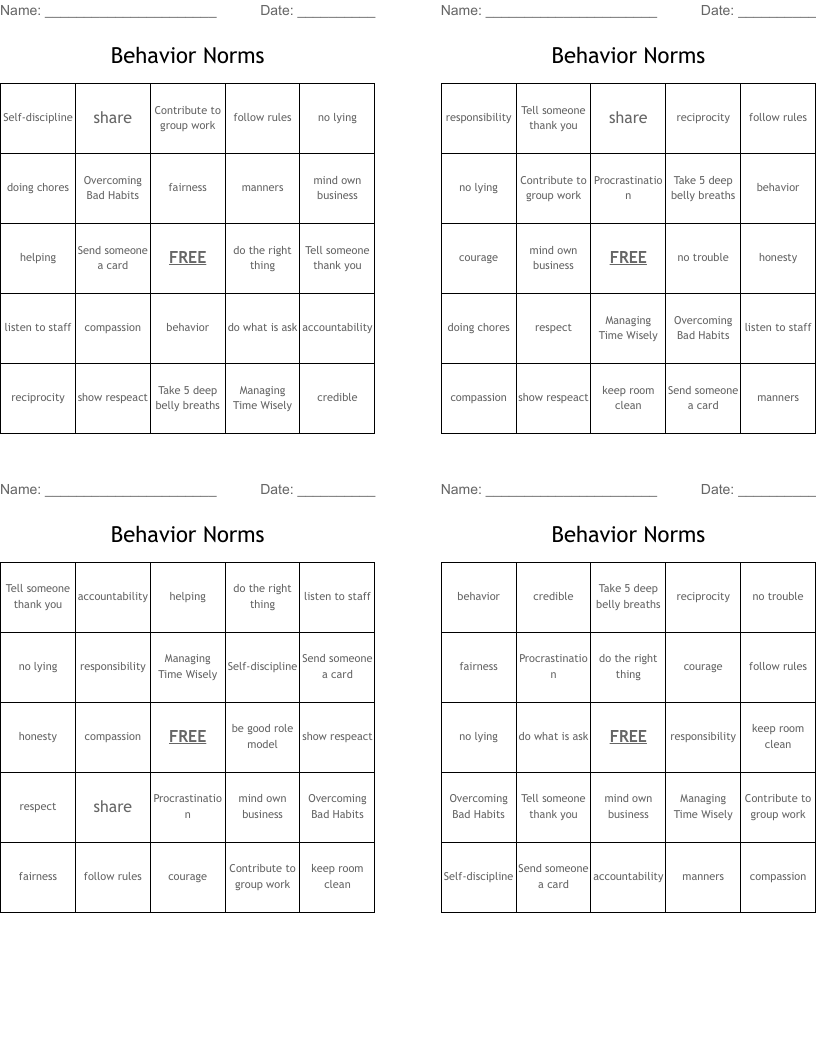 Behavior Norms Bingo Cards