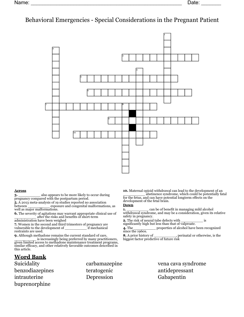 Behavioral Emergencies - Special Considerations in the Pregnant Patient Crossword