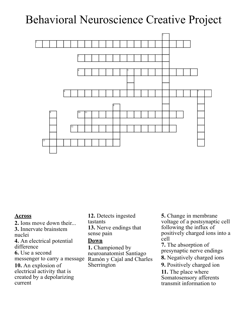 Behavioral Neuroscience Creative Project Crossword