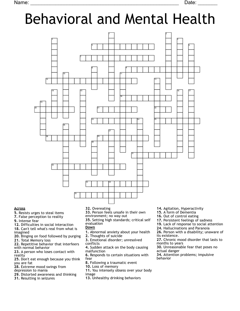Behavioral and Mental Health Crossword